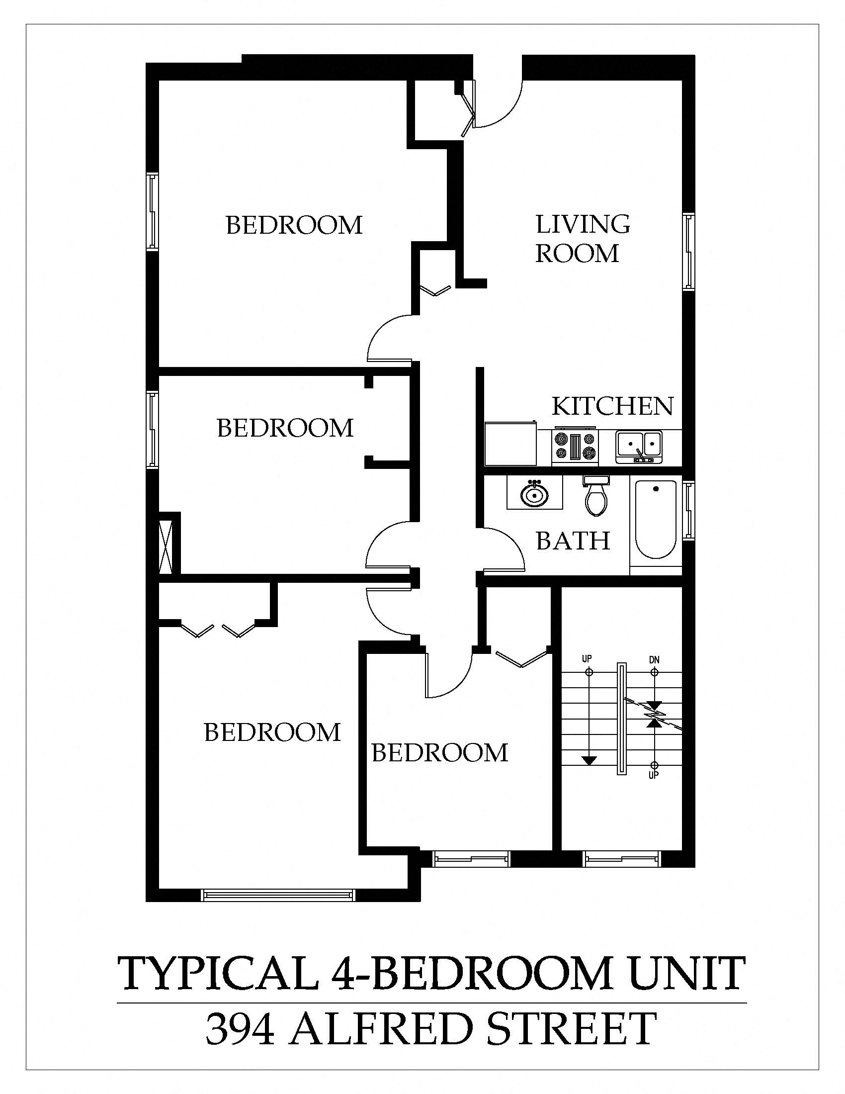 Floor plan for 4 beds, 1 bath, 750 sqft